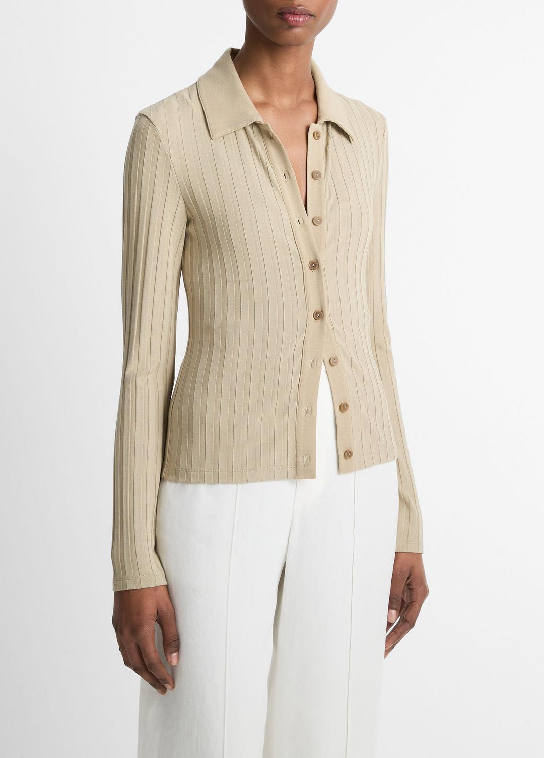VINCE Sale Ribbed Collared Long-Sleeve Button-Front Top in Shirts & Tees MOJAVE