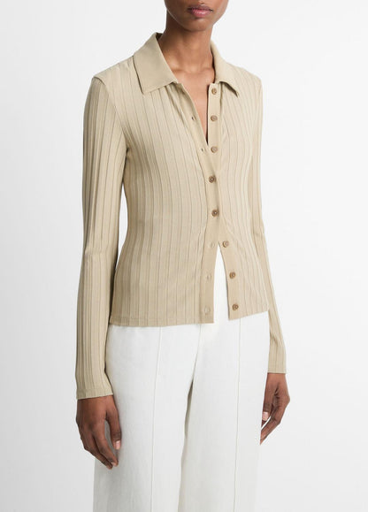 VINCE Sale Ribbed Collared Long-Sleeve Button-Front Top in Shirts & Tees MOJAVE