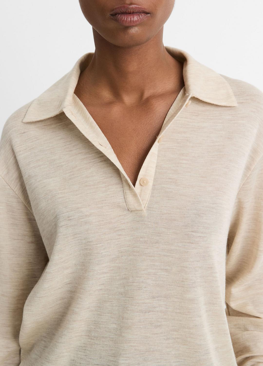 VINCE Sale Wool Relaxed Long-Sleeve Polo Shirt in Shirts & Tees LIGHT HEATHER ECRU