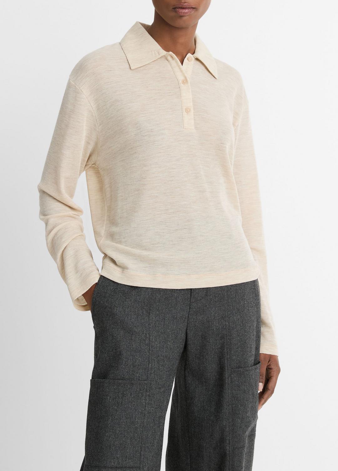 VINCE Sale Wool Relaxed Long-Sleeve Polo Shirt in Shirts & Tees LIGHT HEATHER ECRU
