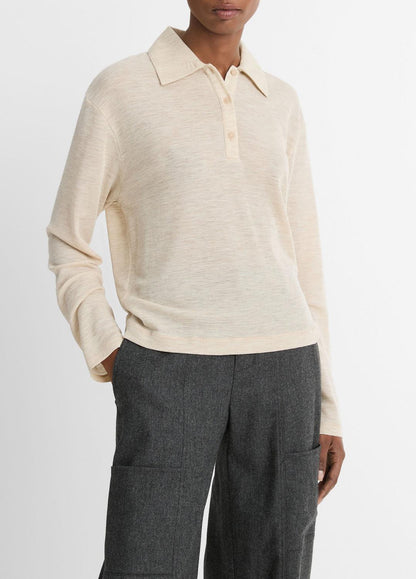 VINCE Sale Wool Relaxed Long-Sleeve Polo Shirt in Shirts & Tees LIGHT HEATHER ECRU